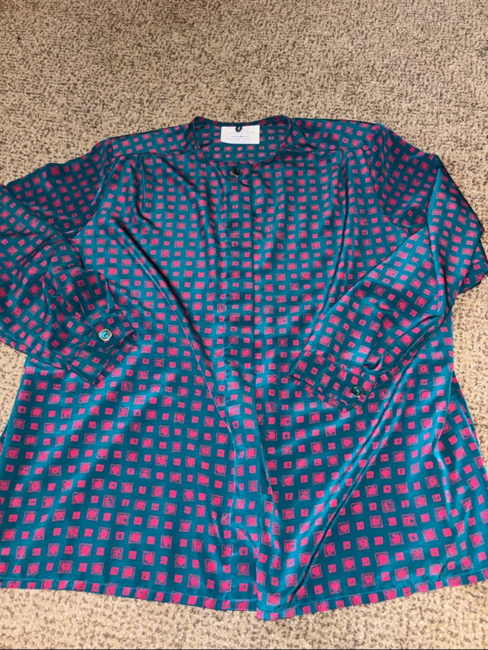 Vintage Country Sophisticates Pendleton Teal and Pink Square Print Top 22W